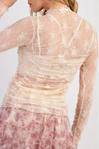 Sheer Floral Mesh Ruched Long Sleeve Top