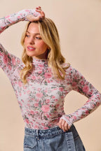 SO ME Floral Rose Print Mesh Sheer Layering Top