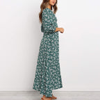 Women Chiffon Long Dress Floral Print Lantern Sleeve A-line Maxi Vestidos Vintage V Neck Dresses